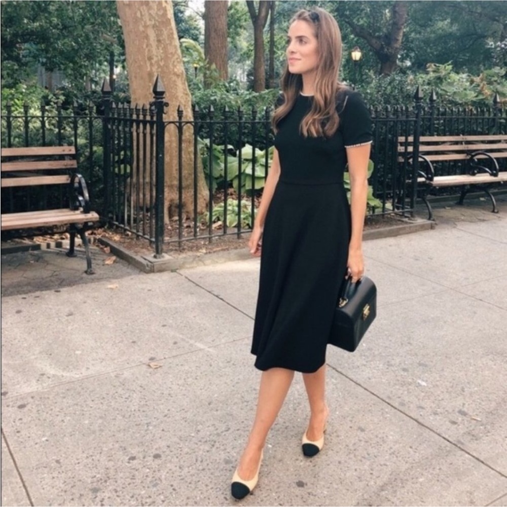 Gal Meets Glam Victoria Black A-Line Midi Dress with pockets and pearls